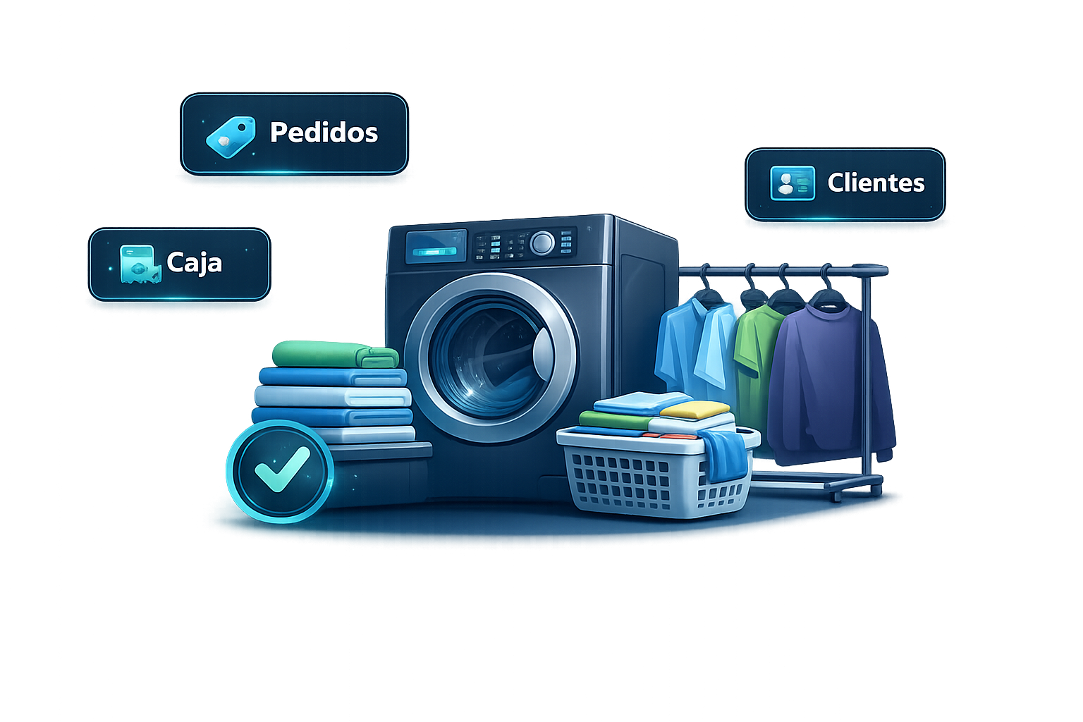 Ilustración de un sistema de gestión para lavanderías con pedidos, clientes, caja y control