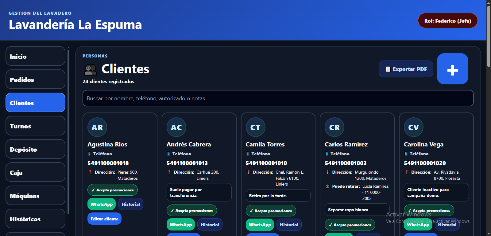 Vista de clientes en Fedelix para computadora